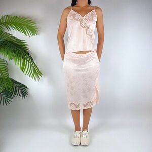 Vintage Y2K Pink Cottagecore Lace Angelcore Cami & Midi Skirt Slip Set / Sz: S
